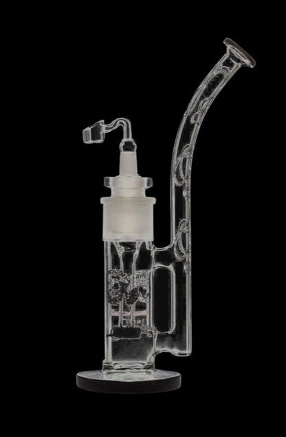 Front view of the Cheech & Chong "Tied Stick" Dab Rig Bubbler, a clear glass bubbler with a unique curved design.