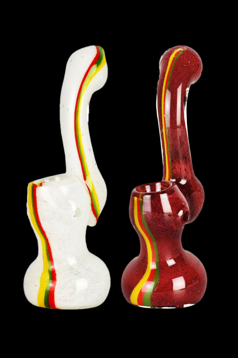 Two glass bubblers with red, yellow, and green stripes against a black background.