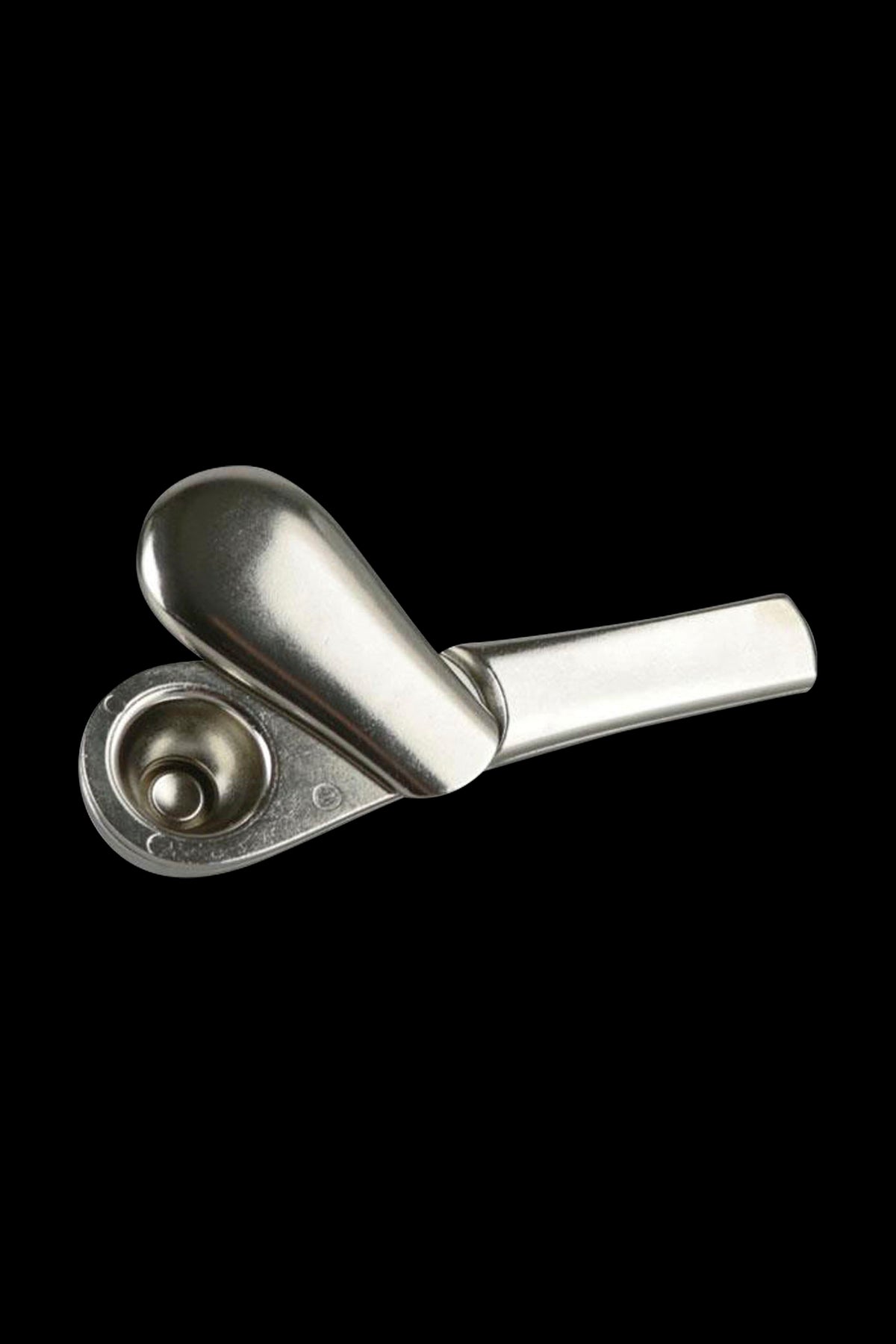 Silver cannabis pipe on a black background.