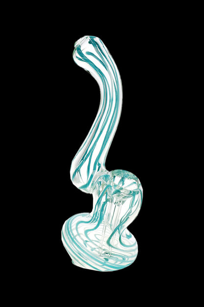 Glass water pipe with teal and white swirling patterns.