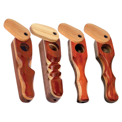 Front view of the Padauk Wood Spoon Pipe with Swivel Lid, showcasing the smooth wood grain and simple, handheld design.