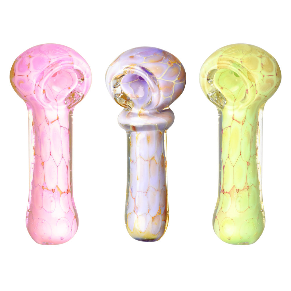 Three colorful glass smoking pipes with cracked or marbled patterns in pink, lavender, and lime green.