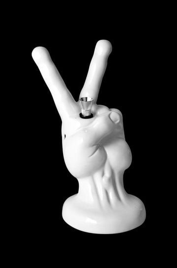 White Ceramic Water Pipe - Peace Sign Hand