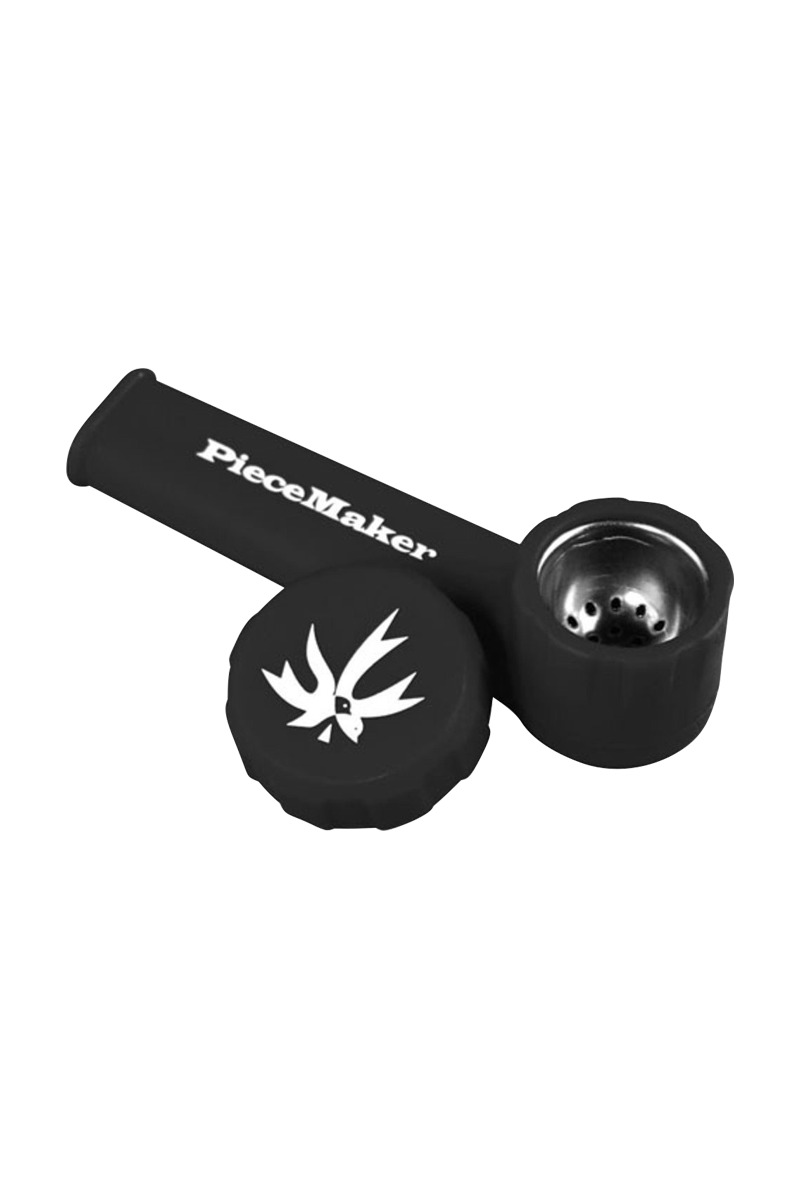 A close-up of the PieceMaker "Karma" Silicone Pipe, showing its curved shape and dark-colored material.