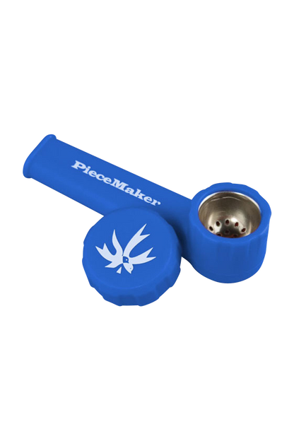 A close-up shows the “PieceMaker Karma” silicone pipe, featuring a rounded bowl and a compact, portable design.