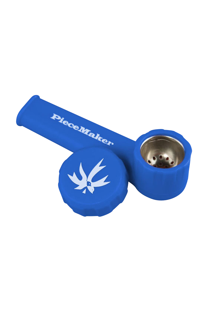 A close-up shows the “PieceMaker Karma” silicone pipe, featuring a rounded bowl and a compact, portable design.