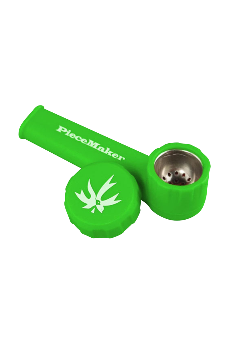 A close-up shows the PieceMaker "Karma" Silicone Pipe, featuring a curved bowl and textured grip.