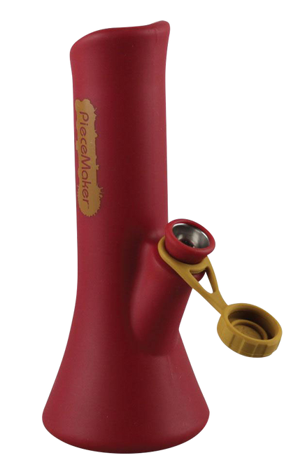 A front view of the PieceMaker "KaliGo" Silicone Bong, showcasing its vibrant red color and unique, curved design.