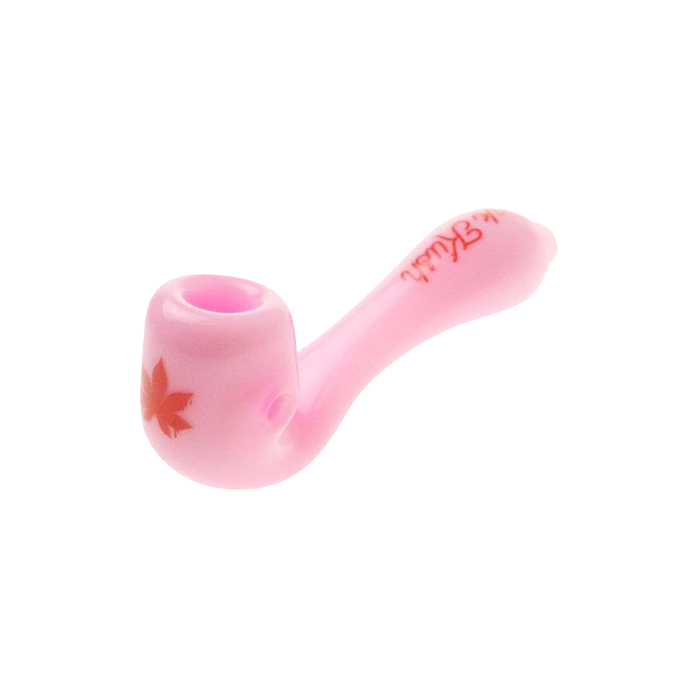 A side view of the “Puff Puff Pass” “Pink Kush” Strain Pipe, showcasing its compact design and smooth, glossy finish.