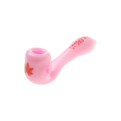 A side view of the “Puff Puff Pass” “Pink Kush” Strain Pipe, showcasing its compact design and smooth, glossy finish.
