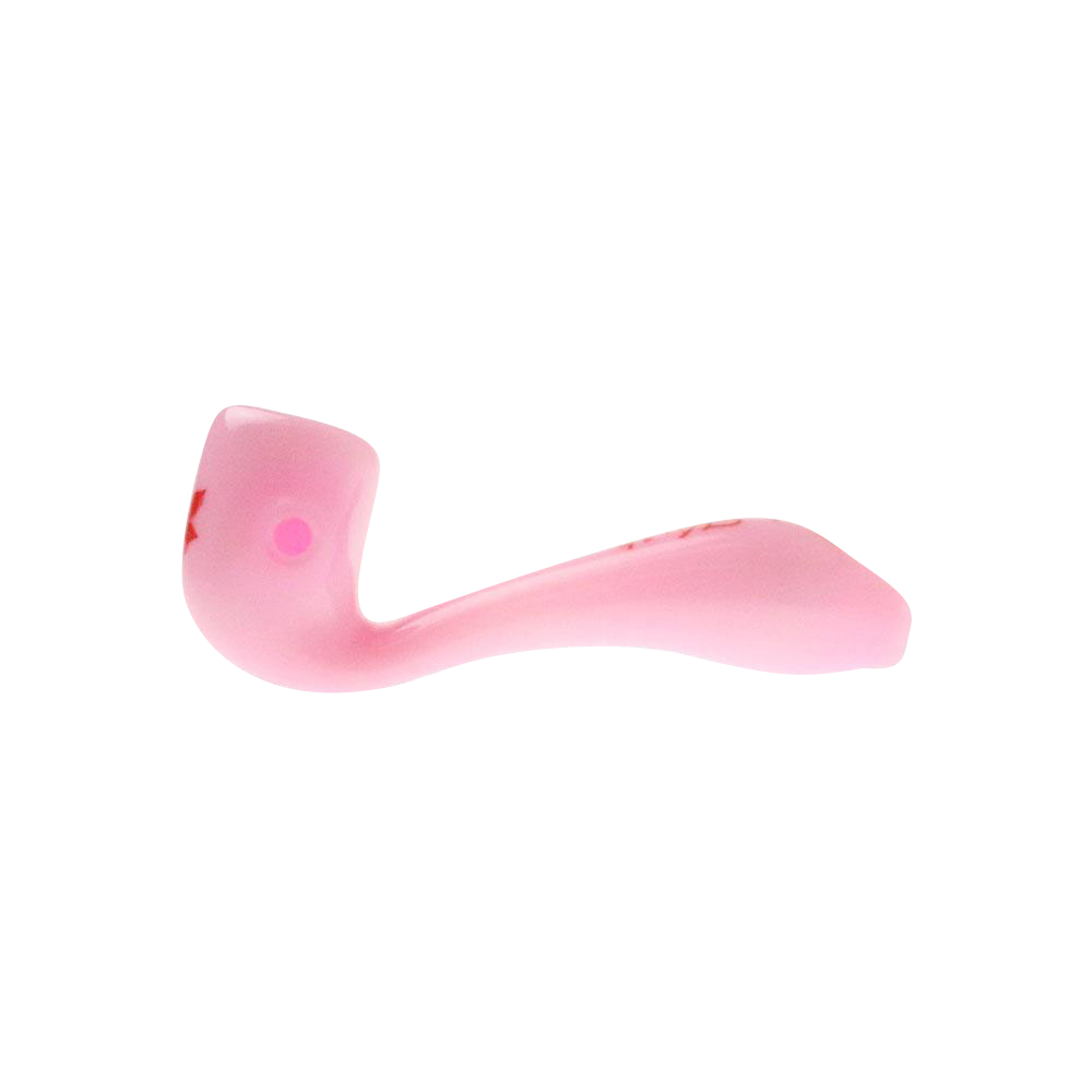 A close-up shot of the “Puff Puff Pass” “Pink Kush” Strain Pipe, showing its curved shape and smooth, pink finish.