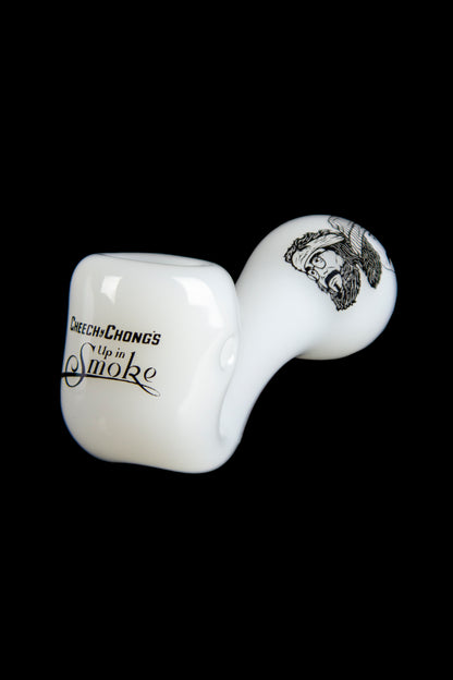White ceramic pipe with Cheech & Chong's "Up in Smoke" logo and portrait.