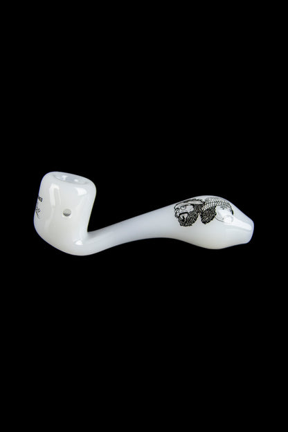 White glass pipe with a detailed skull illustration.