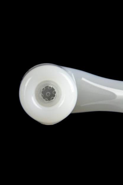 Frosted glass pipe with diffuser downstem, isolated on black.