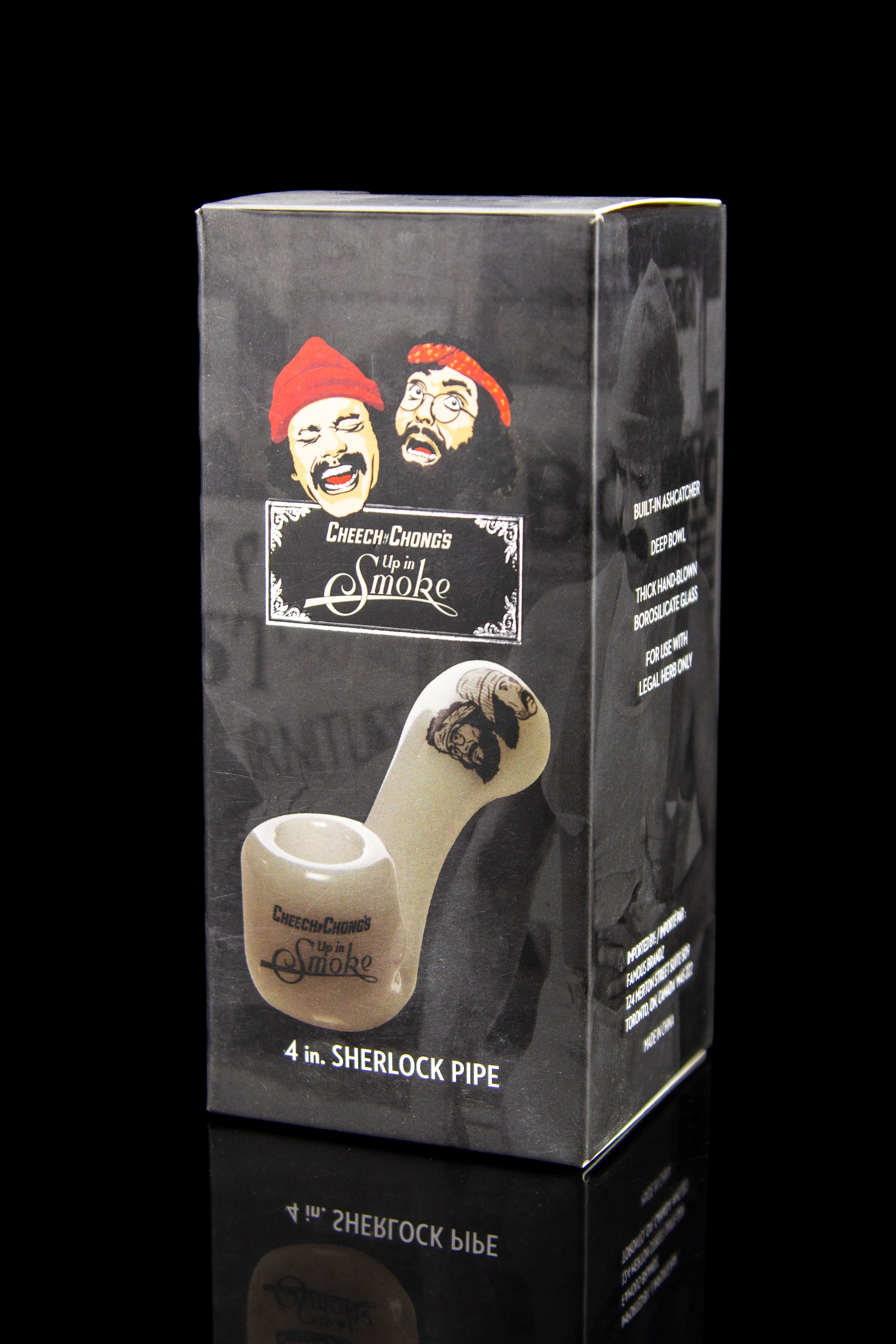 Product packaging for a Cheech & Chong 4-inch Sherlock pipe, featuring artwork of the comedy duo and details about the borosilicate glass pipe.