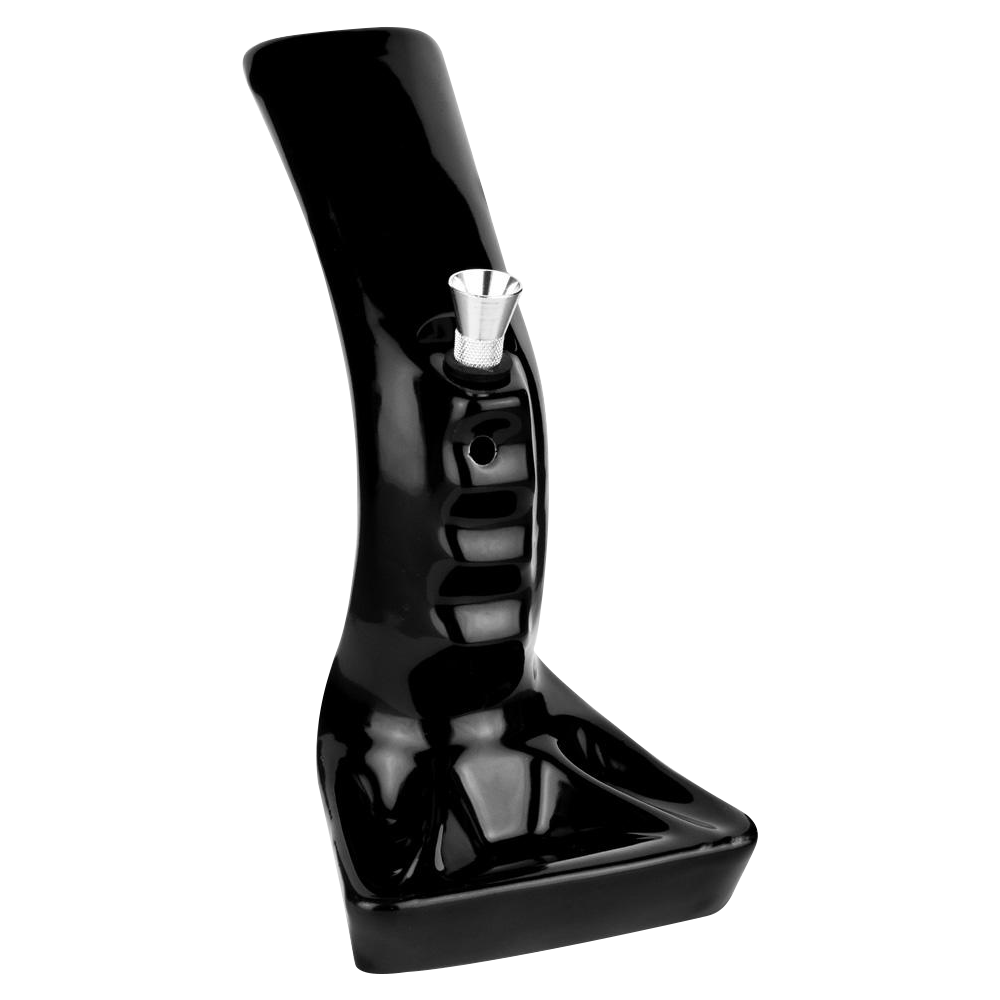 A front view of the Pistol Grip Ceramic Water Pipe with Ashtray Base, showcasing its dark ceramic construction and unique pistol grip shape.