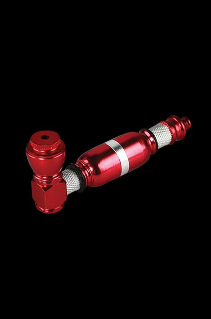 A close-up angled view of the Portable Metal Hand Pipe, showcasing its metallic finish and compact size.