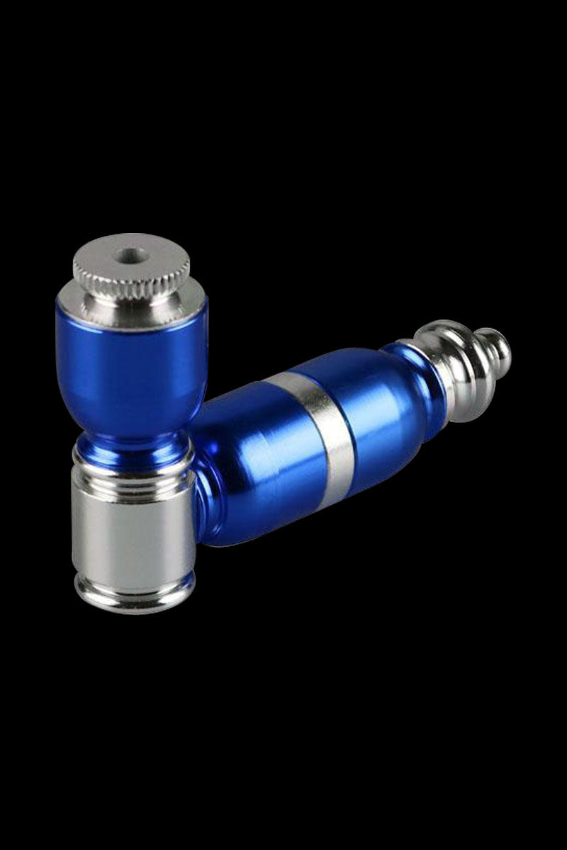 A close-up, angled view of the Portable Metal Dry Herb Hand Pipe, showcasing its metallic silver and blue construction.