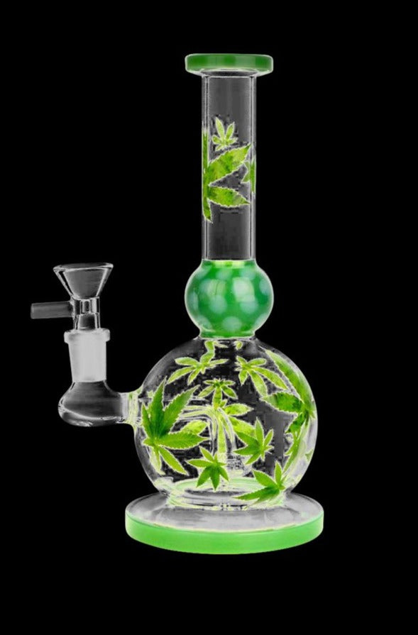 Front view of the Hemp Leaf Ball Water Pipe, a clear glass pipe with a green spherical base and etched leaf patterns.