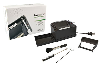 A three-quarter view of the black Powermatic II+ Electric Cigarette Injector Machine with its power cord, displayed on a white background.
