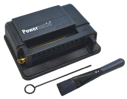 A close-up, angled view of the black Powermatic Mini Cigarette Injector Machine, showing its compact design and branding details.
