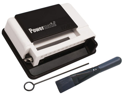 A side view of the Powermatic Mini Cigarette Injector Machine, a white plastic device with a black handle and silver accents.