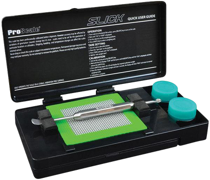 The Pro Scale Slick Concentrate Kit & Scale is displayed open, revealing a close-up of its components and instructions within the black case.