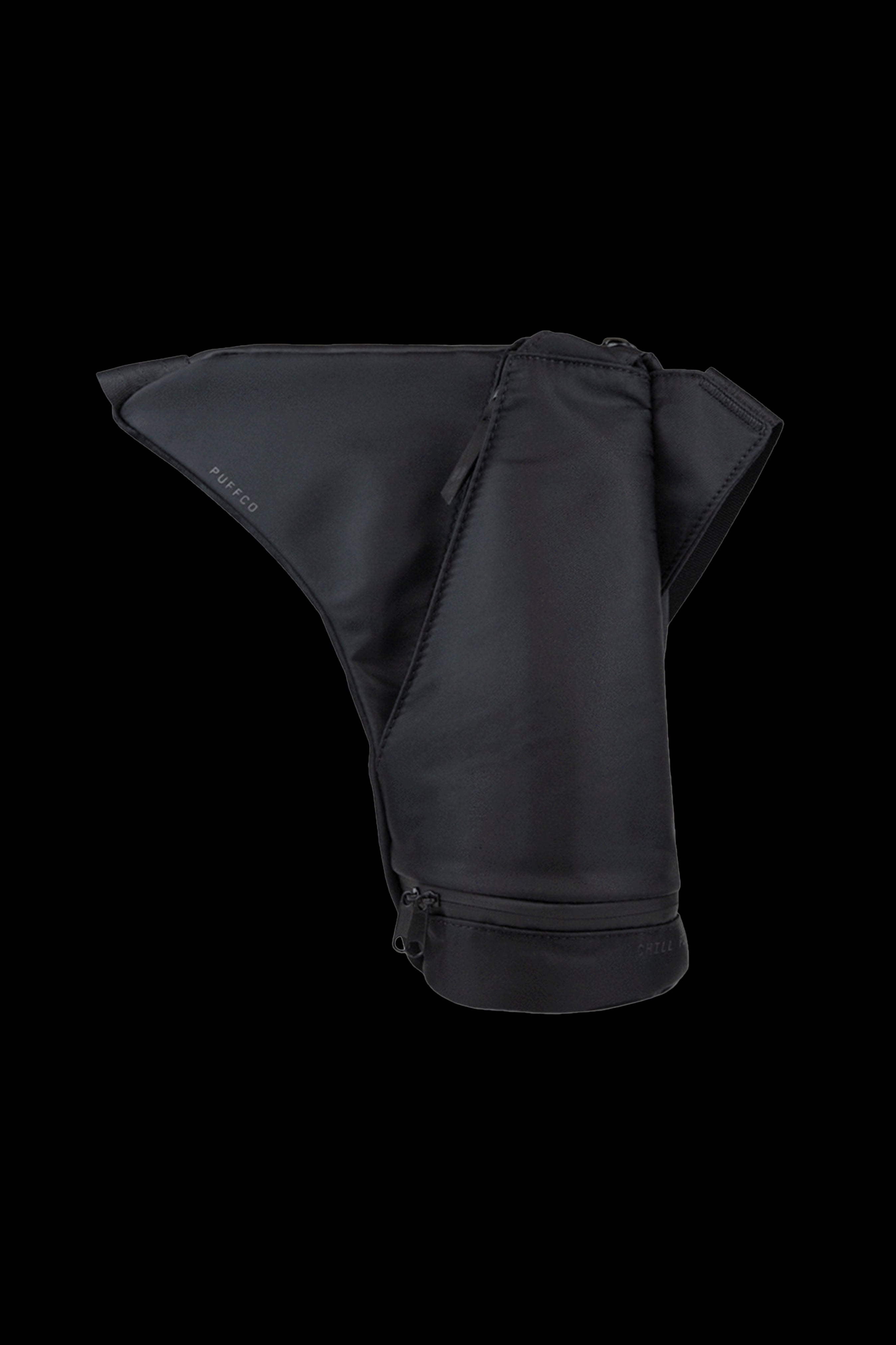 Black Puffco carrying case with zipper and drawstring closure.