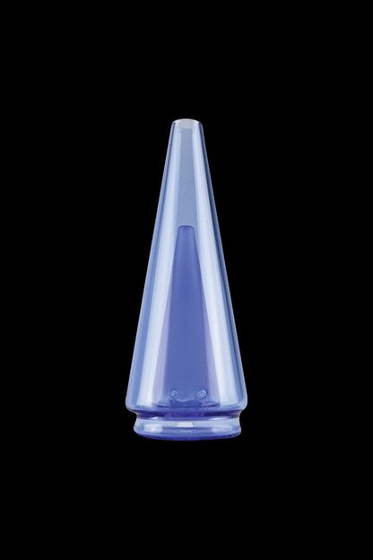 Front view of the Puffco Peak Pro Colored Replacement Glass, showcasing a translucent blue glass piece with a streamlined, conical shape.