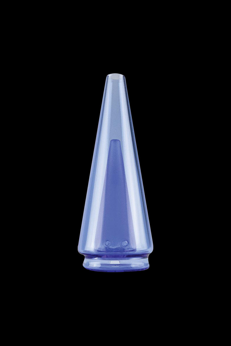 Front view of the Puffco Peak Pro Colored Replacement Glass, showcasing a translucent blue glass piece with a streamlined, conical shape.