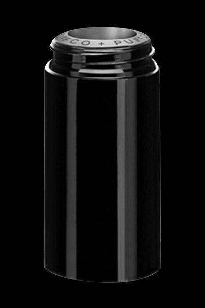 Black cannabis oil vape cartridge with a metallic cap labeled “Eco Push”.