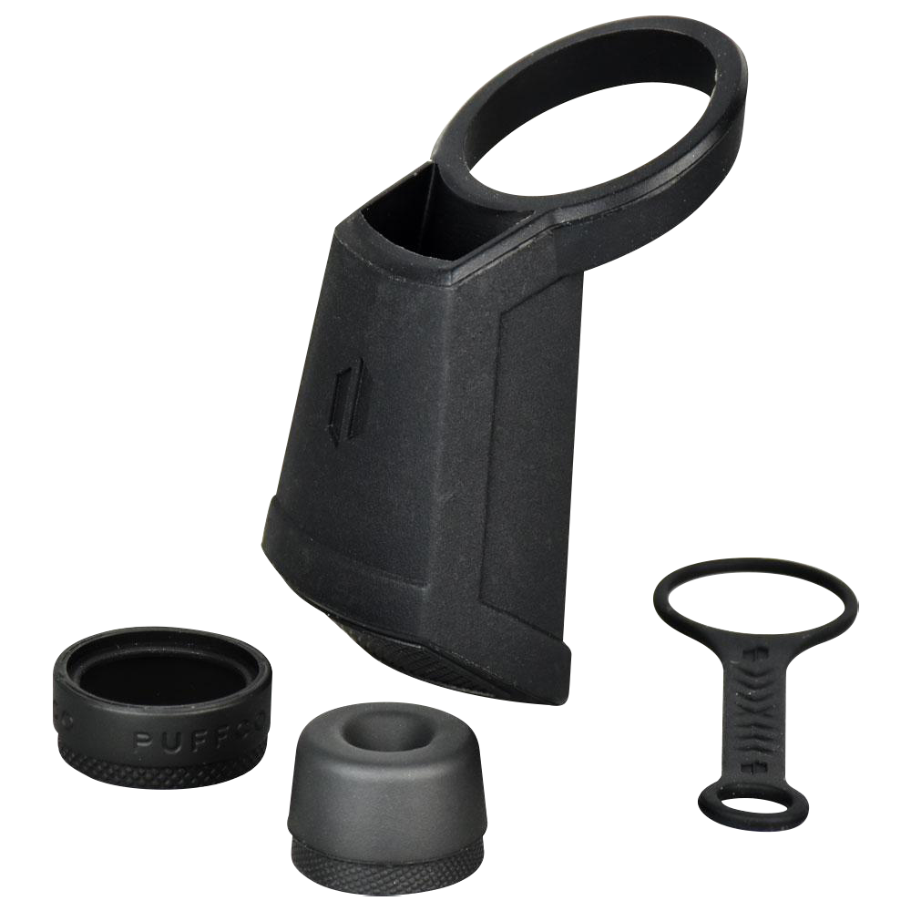 A top-down view of the black Puffco Peak Travel Pack, showcasing its compact, cylindrical carrying case.