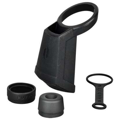 A top-down view of the black Puffco Peak Travel Pack, showcasing its compact, cylindrical carrying case.