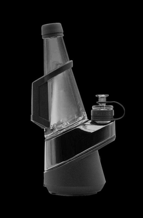 A front view of the black Puffco Peak Travel Pack, showcasing its sleek, compact design and clear glass chamber.