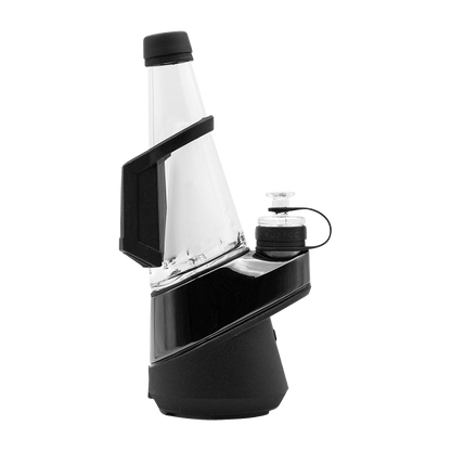 A three-quarter view of the black Puffco Peak Travel Pack, displaying its compact size and portable design.