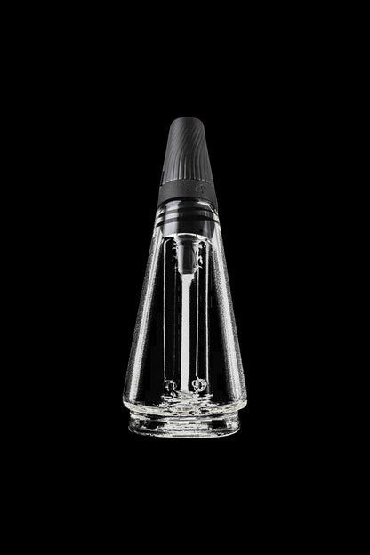 Front view of the Puffco Travel Glass for Peak & Peak Pro, a clear glass attachment angled against a black background.