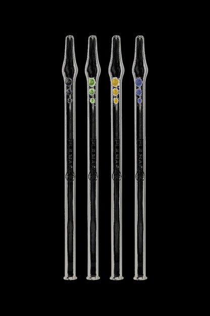 A front view of the Pulsar Glass Vapor Straw Collector, showing three clear glass straws arranged vertically on a black background.