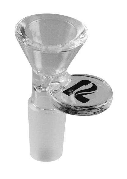 A close-up of the Pulsar 14mm Male Branded Bowl, displaying the clear glass construction and angled view of the bowl’s shape.