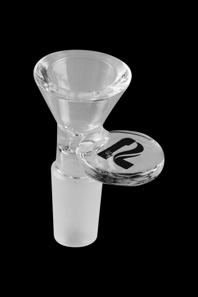 A close-up of the Pulsar 14mm Male Branded Bowl, showcasing its clear glass construction and rounded shape.