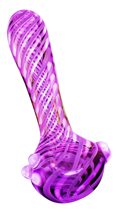 A studio shot of the Pulsar UV Candy Stripe Spoon Pipe, showcasing its colorful striped pattern and curved design.