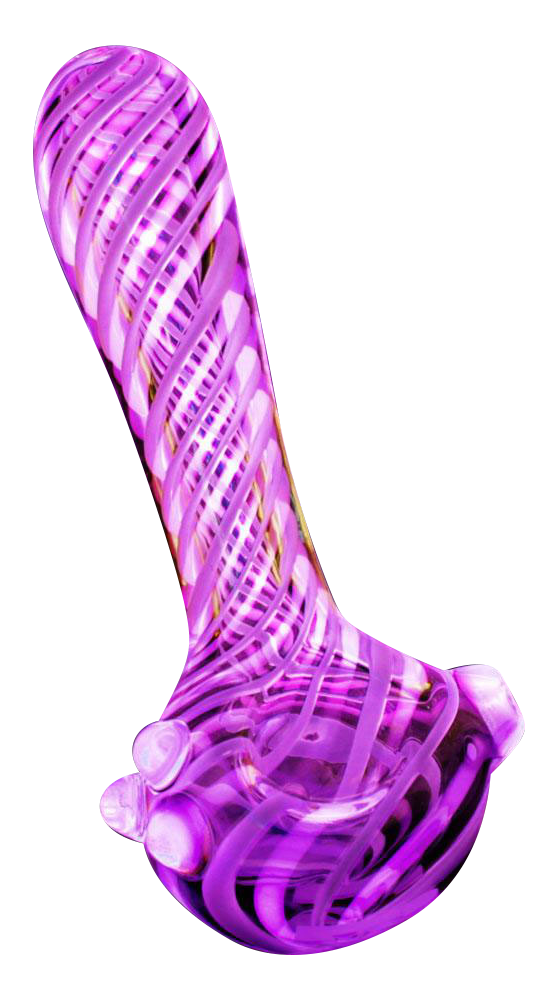 A studio shot of the Pulsar UV Candy Stripe Spoon Pipe, showcasing its colorful striped pattern and curved design.