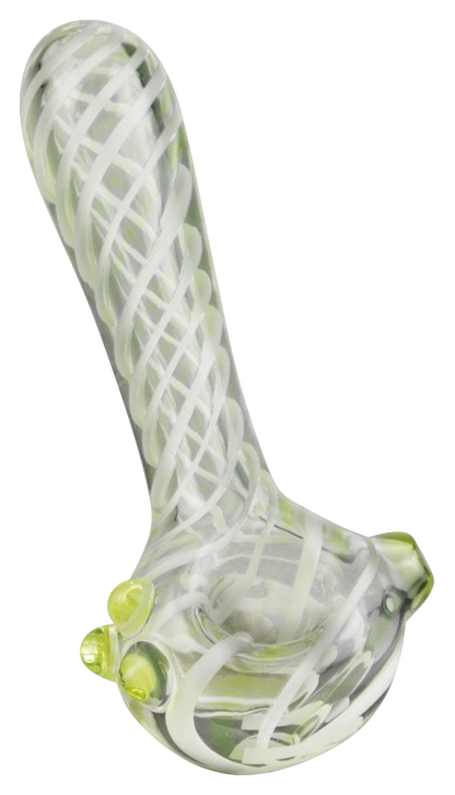 A three-quarter view of the Pulsar UV Candy Stripe Spoon Pipe, featuring a striped pattern in translucent glass.