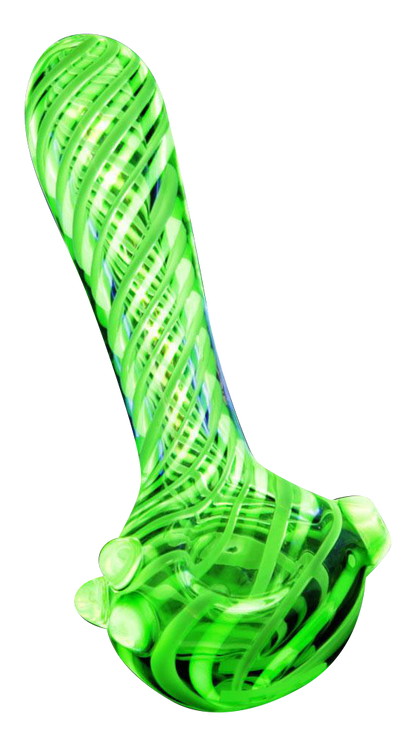 A studio shot of the Pulsar UV Candy Stripe Spoon Pipe, featuring a colorful striped pattern on a handheld glass pipe.
