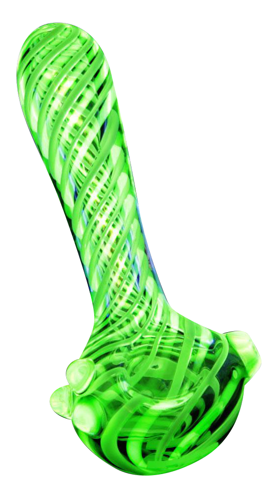 A studio shot of the Pulsar UV Candy Stripe Spoon Pipe, featuring a colorful striped pattern on a handheld glass pipe.