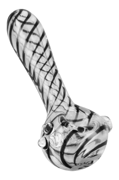 A side view of the Pulsar UV Candy Stripe Spoon Pipe, showing its colorful striped glass design.