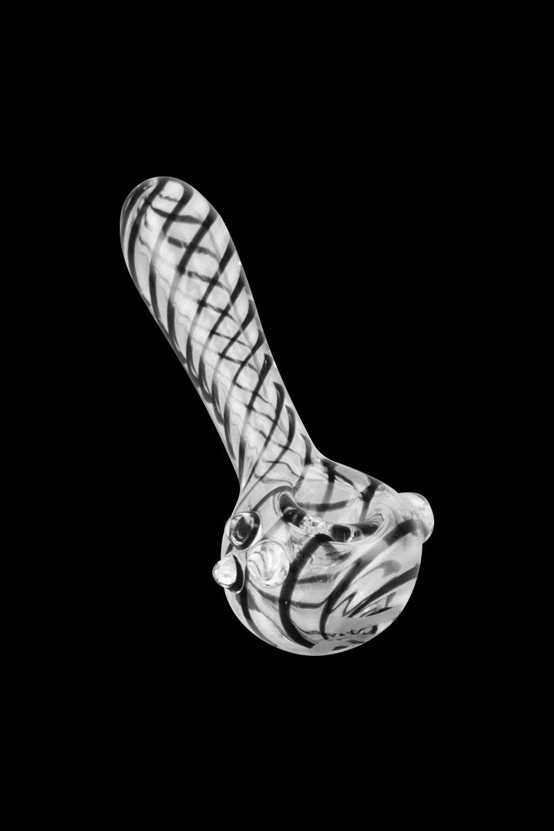 A three-quarter view of the Pulsar UV Candy Stripe Spoon Pipe, showcasing its colorful striped pattern and curved bowl.