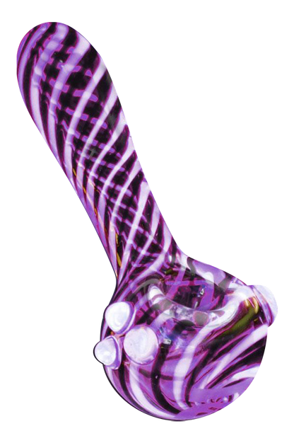 A slightly angled view of the Pulsar UV Candy Stripe Spoon Pipe with a colorful striped pattern in shades of purple and white.