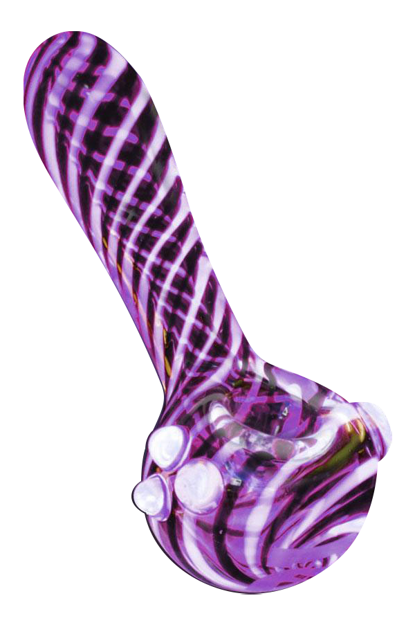 A slightly angled view of the Pulsar UV Candy Stripe Spoon Pipe with a colorful striped pattern in shades of purple and white.