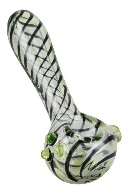 A side view of the Pulsar UV Candy Stripe Spoon Pipe, showcasing its colorful striped glass design.