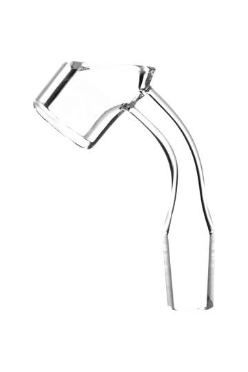 A close-up, angled view of the Pulsar 4mm Thick Quartz 45° Banger, highlighting its clear quartz construction. - Pulsar 4mm Thick Quartz 45° Banger